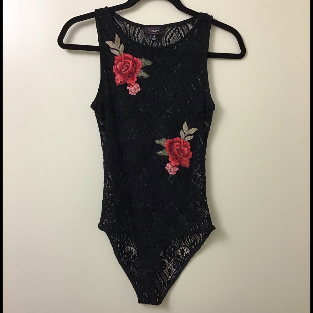 Black laced flower one piece bodysuit
